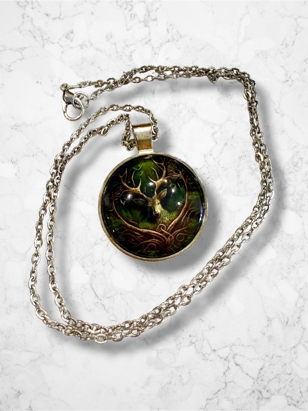 Green Stag Tree Pendant Necklace - Silver-Tone Chain